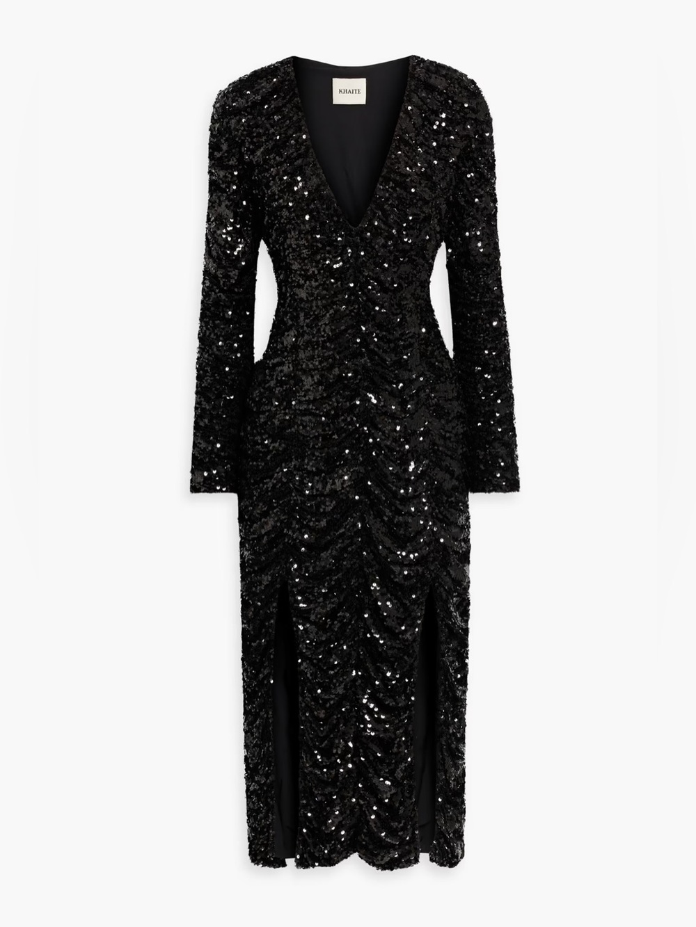 KHAITE Lana Plunging Sequin Ruched Midi Dress in Black